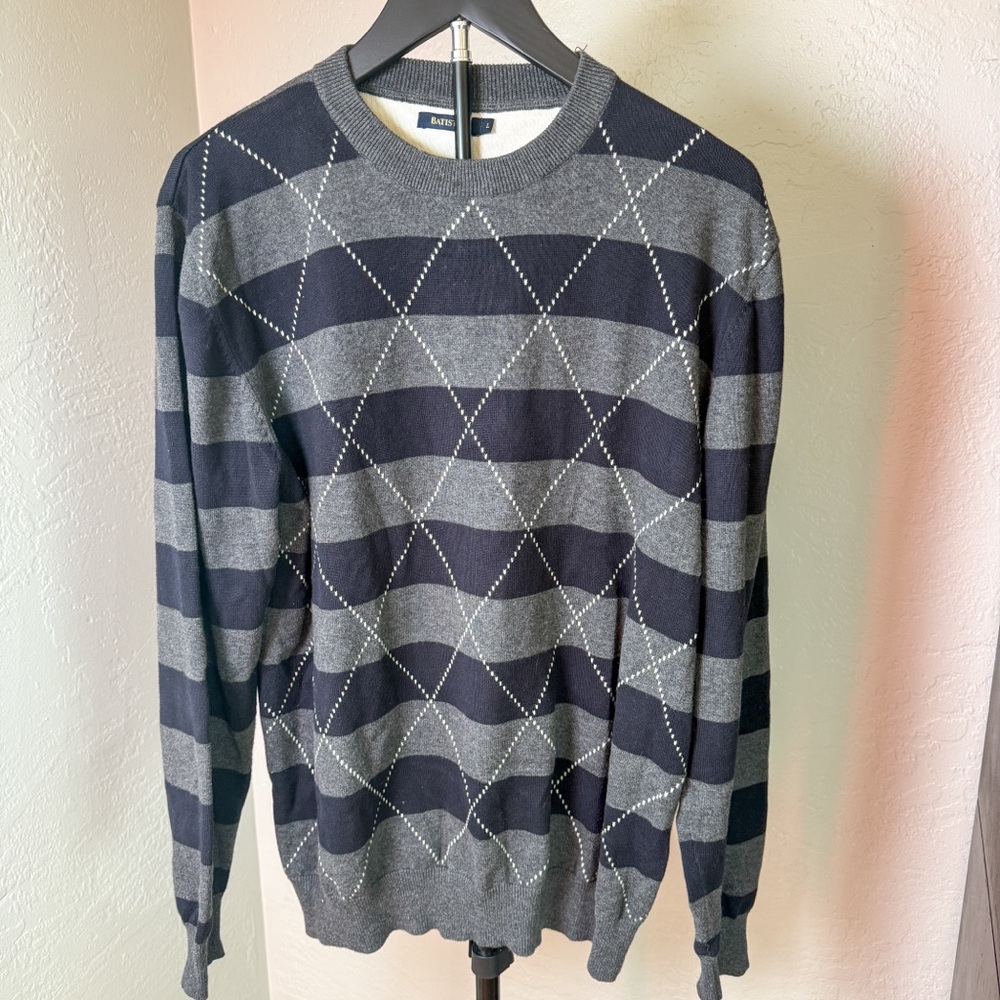 Batistini Cotton Argyle Stripe Black Gray Preppy Crewneck Sweater Size L